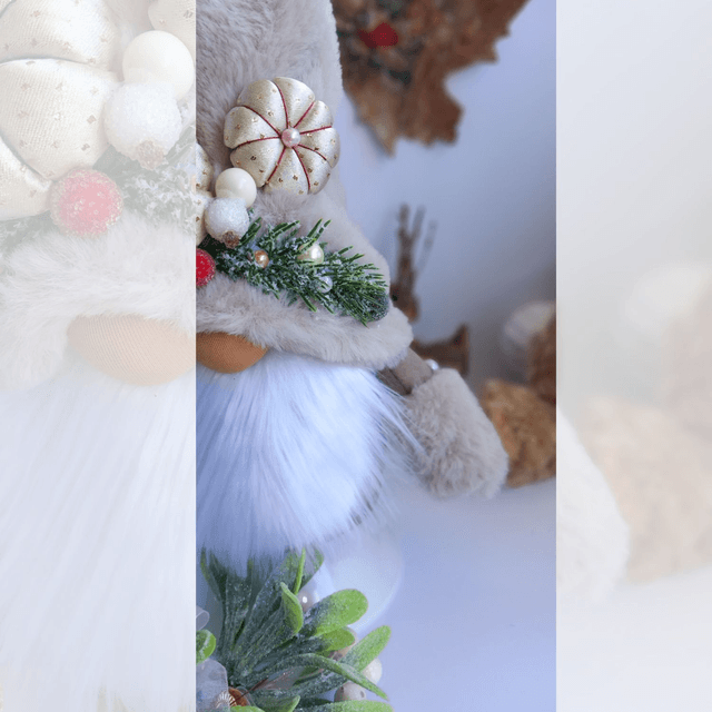 Tomte lutin de Noël au bonnet beige et ses 2 citrouilles dorées