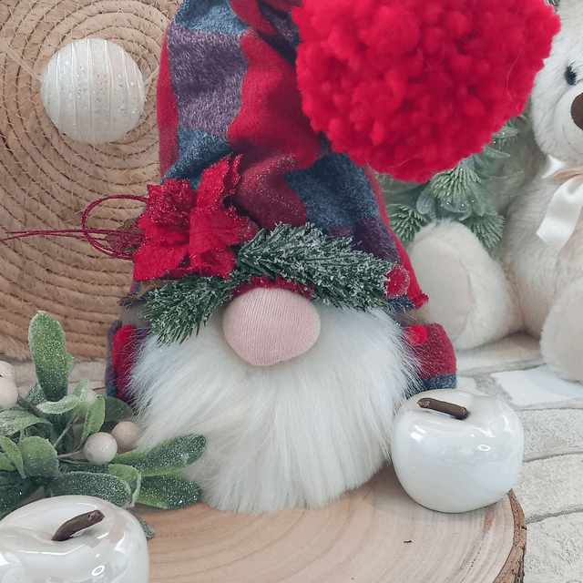 Tomte lutin de Noël à carreaux rouge et gris (38 à 20 cm)