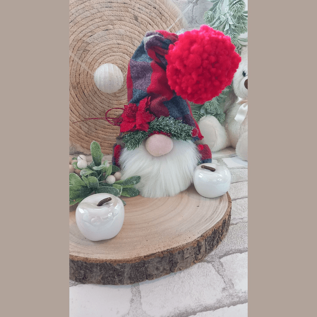 Tomte lutin de Noël à carreaux rouge et gris (38 à 20 cm)
