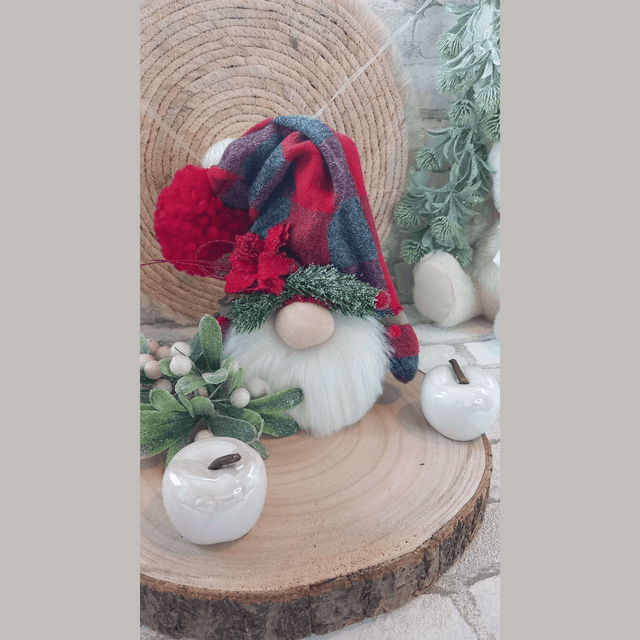 Tomte lutin de Noël à carreaux rouge et gris (38 à 20 cm)