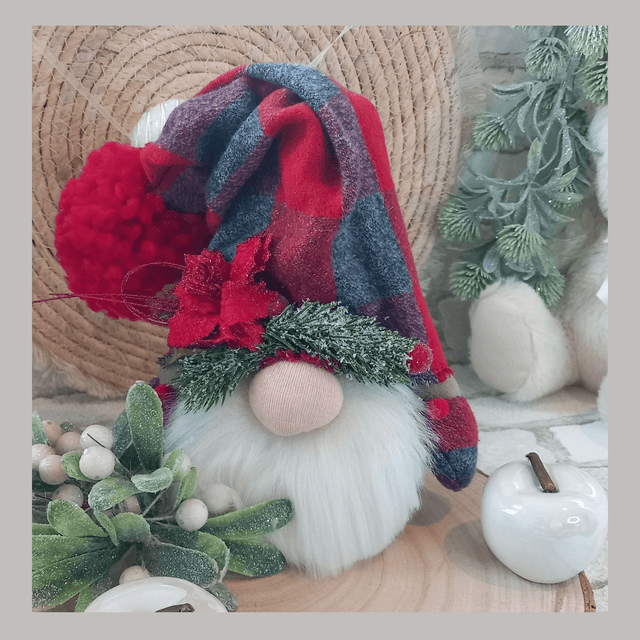 Tomte lutin de Noël à carreaux rouge et gris (38 à 20 cm)